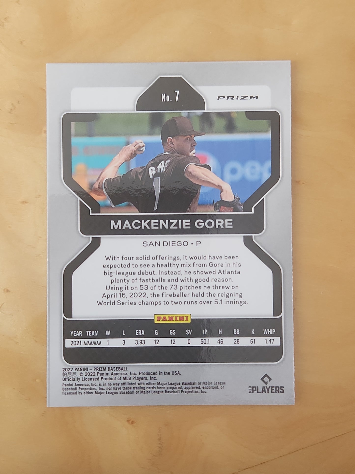 2022 Panini Prizm MacKenzie Gore Prizm RC #7 San Diego Padres