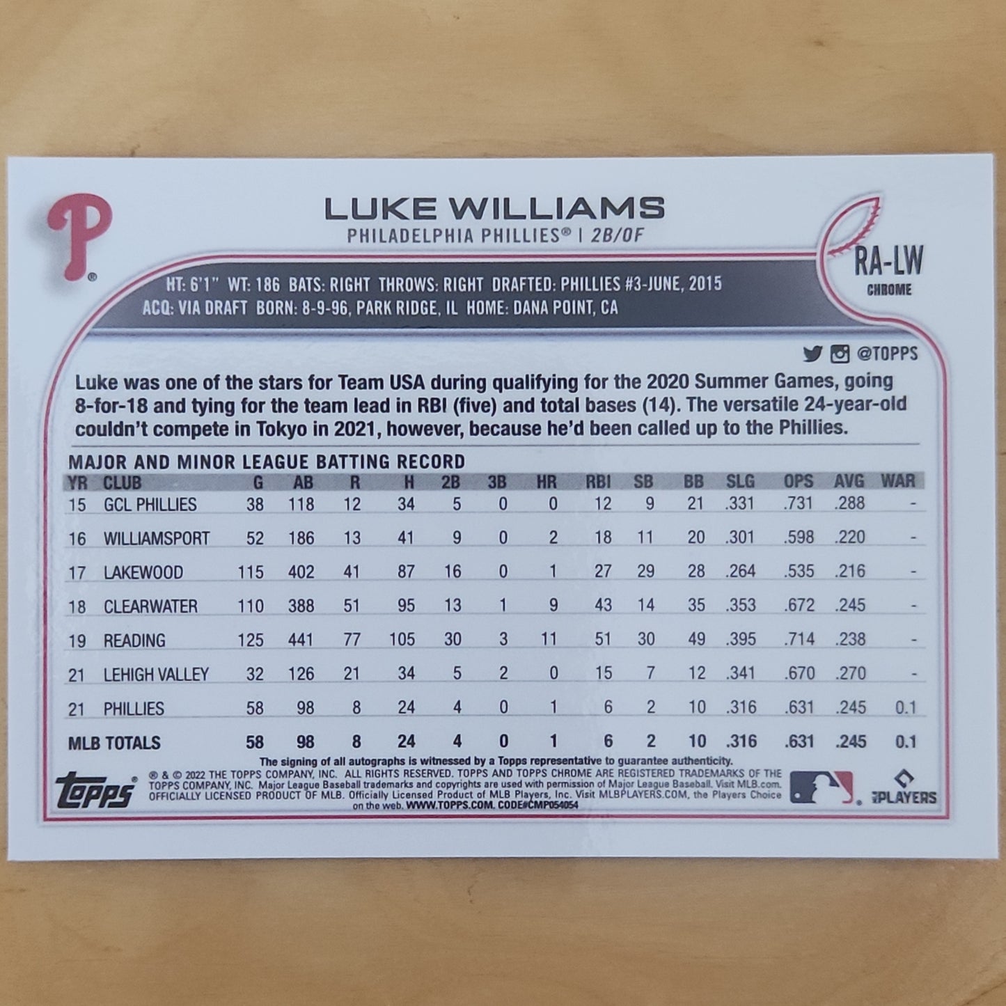 2022 Topps Chrome Baseball Rookie Auto Luke Williams Autograph RC RA-LW