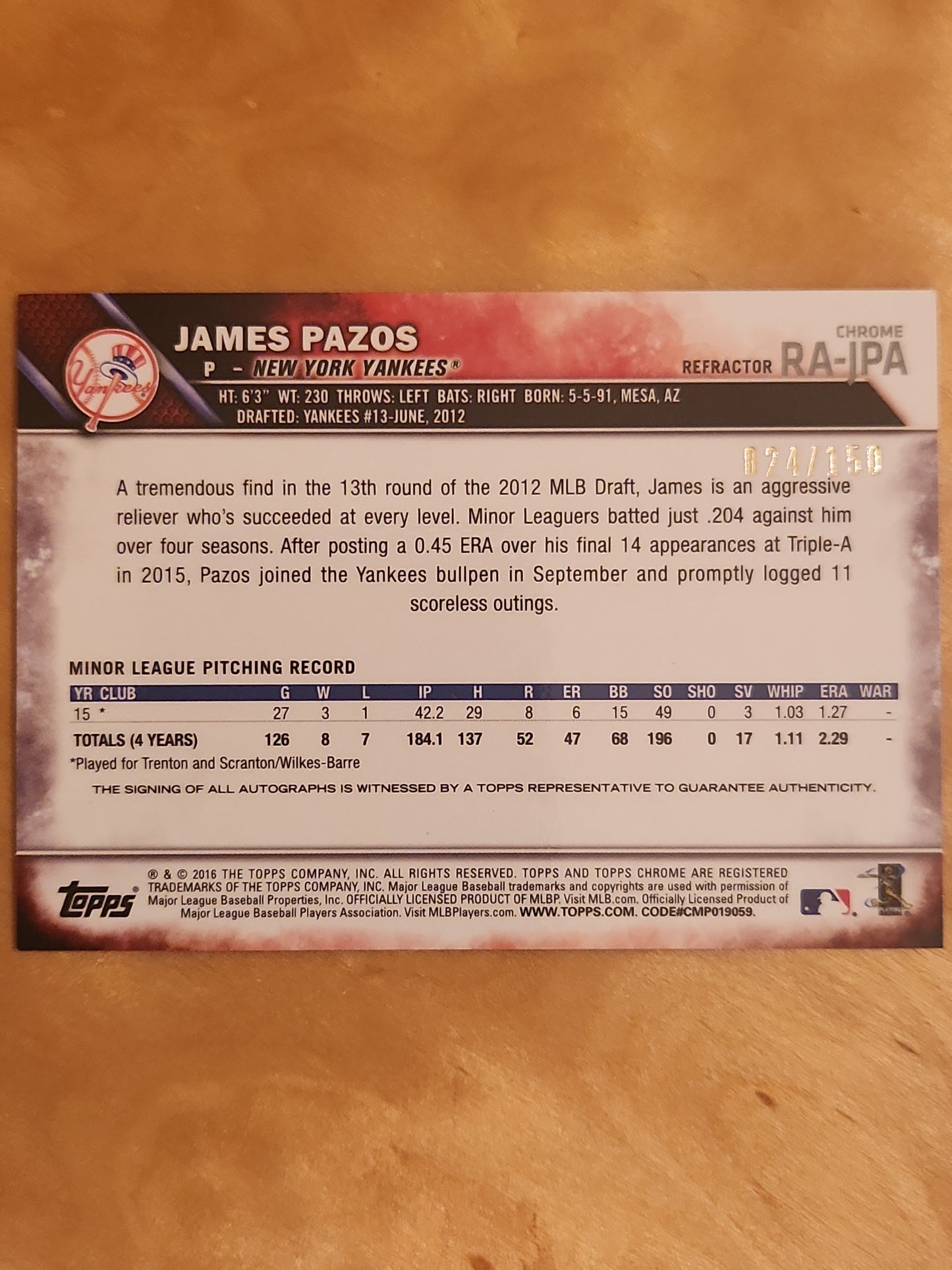 James Pazos 2016 Topps Chrome Blue AUTO #RA-JPA RC 024/150 New York Yankees