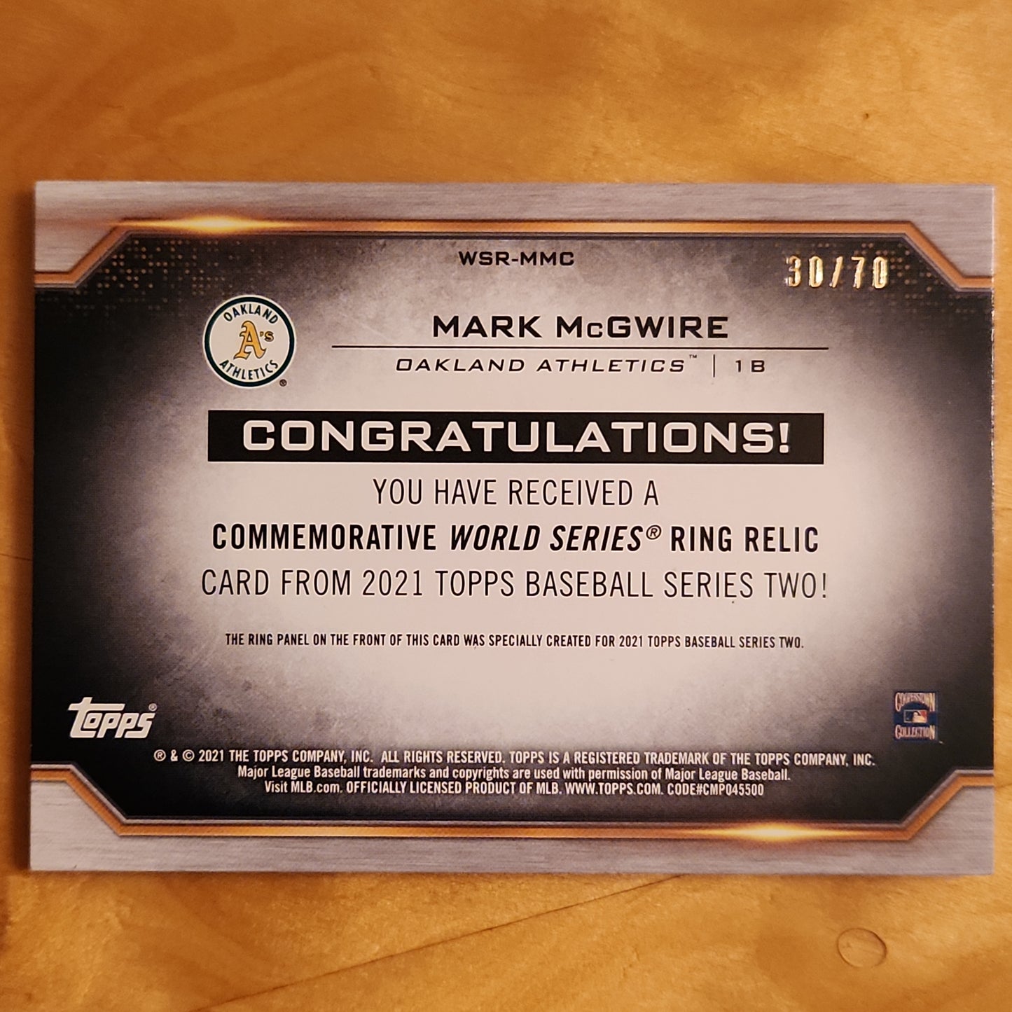 2021 Topps Commemorative World Series Rings 70th year anniversary 30/70 Mark McGwire #WSR-MMC