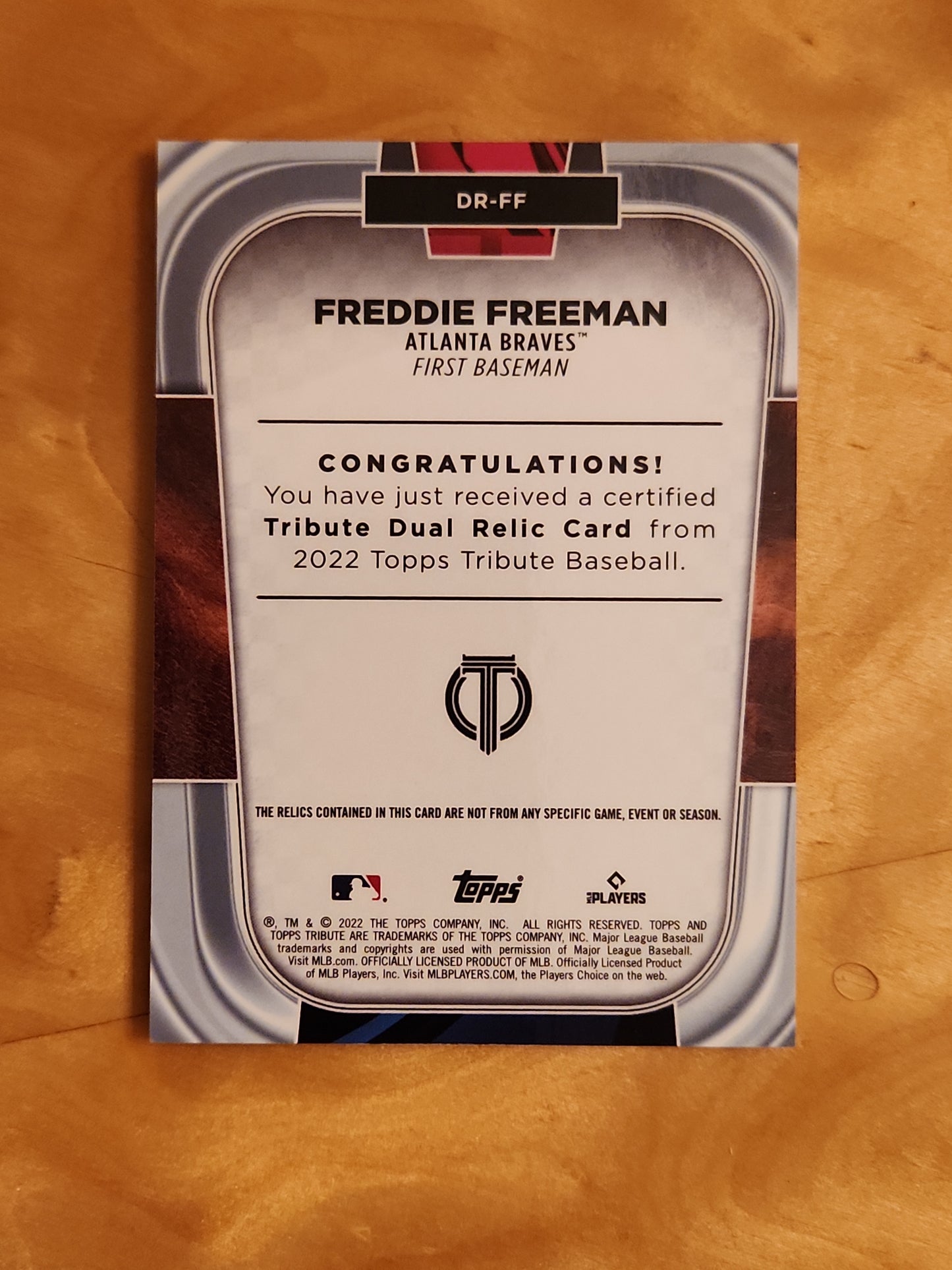 Freddie Freeman 2022 Topps Tribute Dual Relic 186/199 Atlanta Braves #DR-FF
