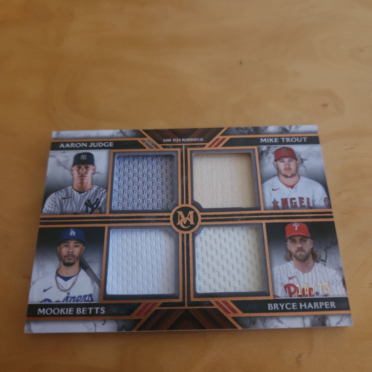 Topps MC Mike Trout, Aaron Judge, Mookie Betts & Bryce Harper Quadrupul Relic 10/75 #FPR-JTBH