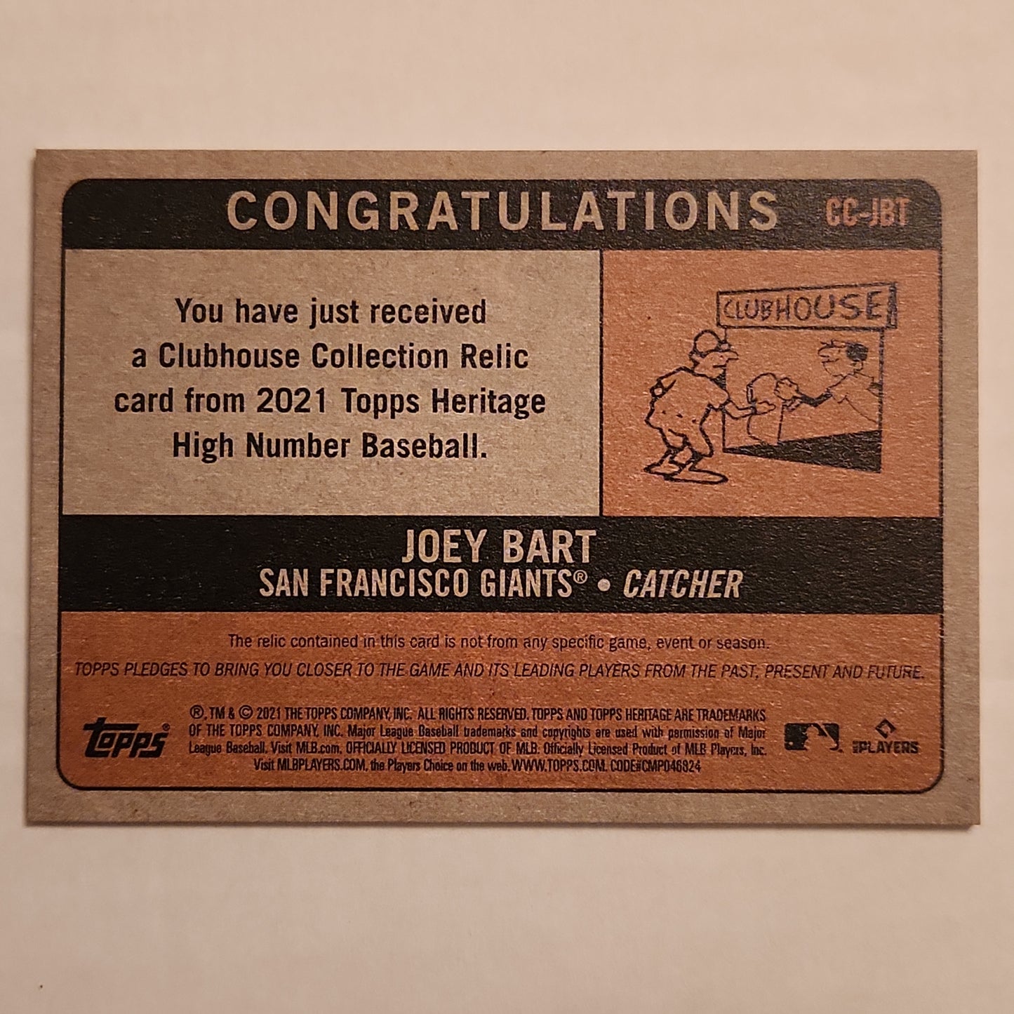 2021 TOPPS HERITAGE #CC-JBT JOEY BART CLUBHOUSE COLLECTION RELICS GIANTS RC