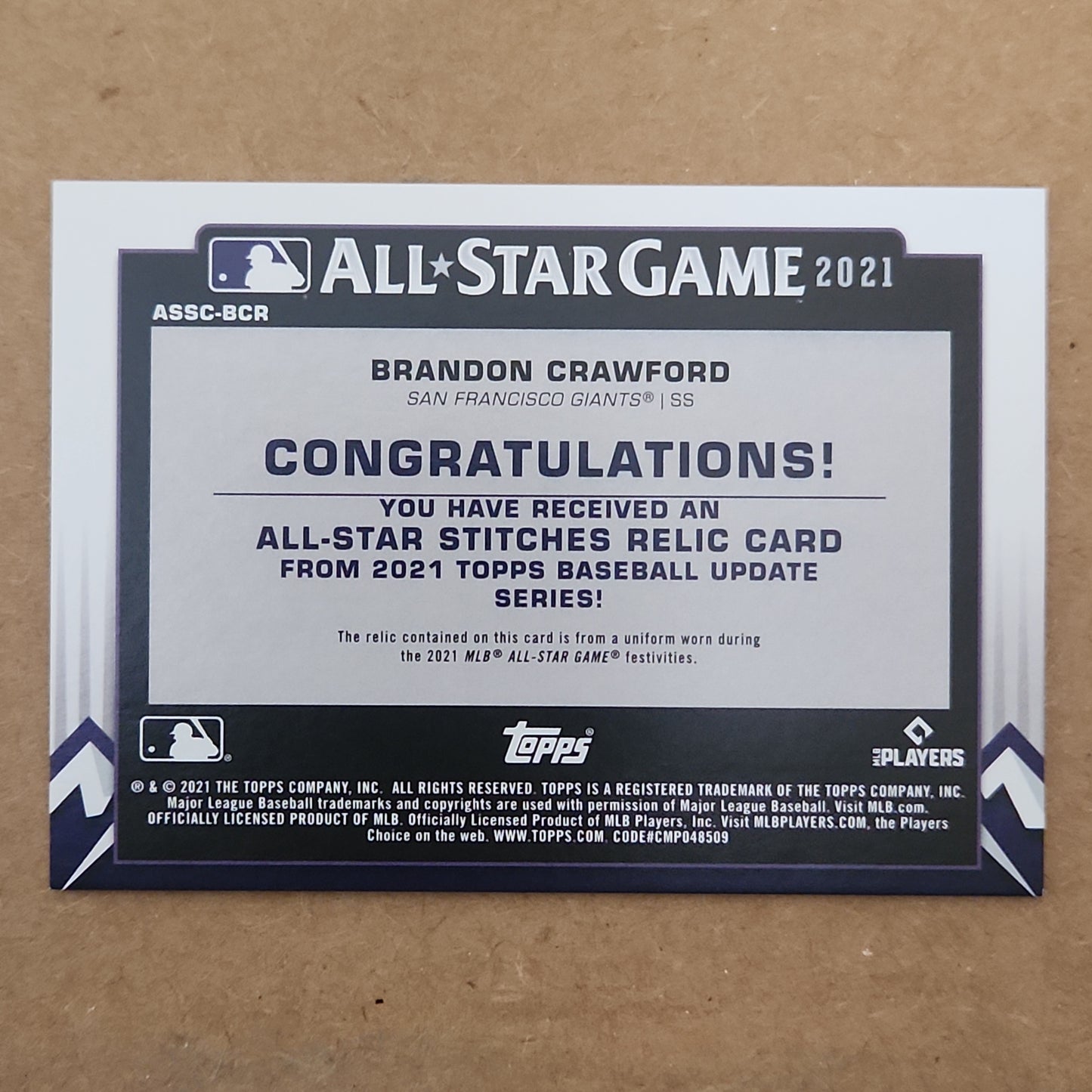 2021 Topps Update All-Star Stitches Jersey Relic Brandon Crawford #ASSC-BCR