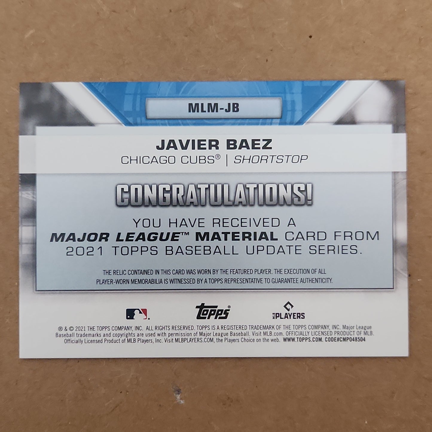 2021 Topps Javier Baez Major League Material Game Used Jersey #MLM-JB