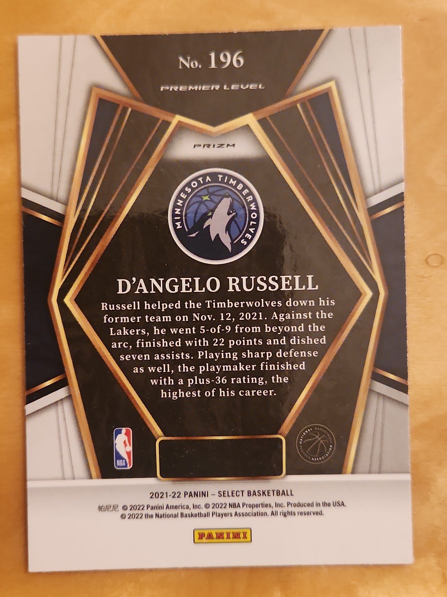 2021-22 Select Premier Base #196 D'Angelo Russell - Minnesota Timberwolves