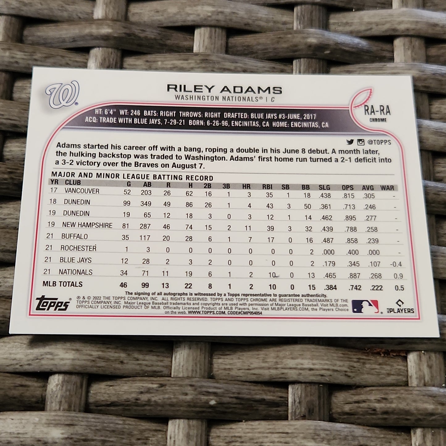 Topps Chrome Riley Adams Auto #RA-RA
