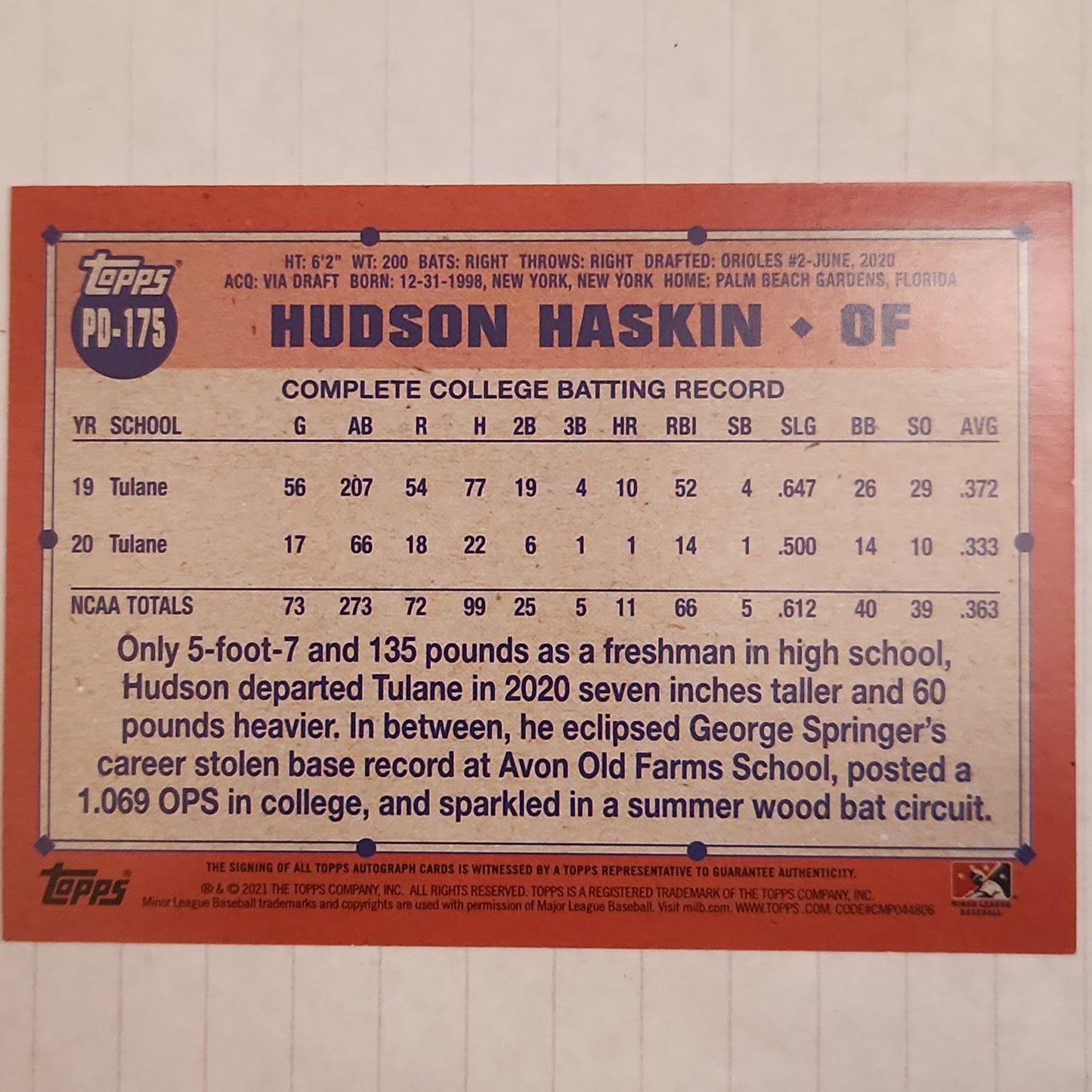 2021 Topps Draft Pick #39 Auto HUDSON HASKIN RC #PD-175 *Rookie* FAST SHIP