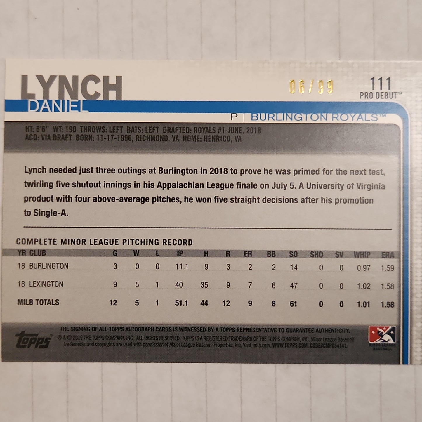 2019 Topps Pro Debut Green Auto 06/99 Daniel Lynch #111 Auto