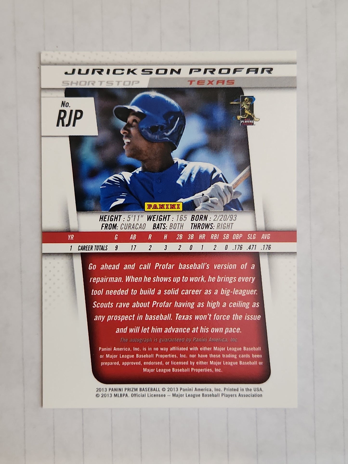 2013 Panini Prizm JURICKSON PROFAR #RJP Rookie AUTO - TEXAS RANGERS