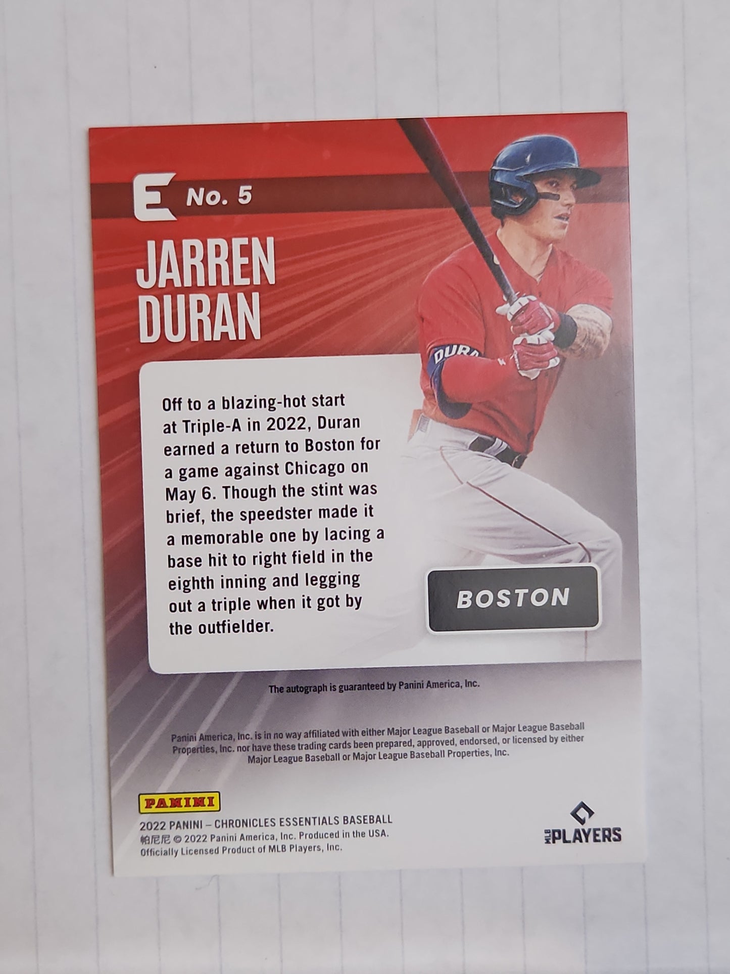 2022 Chronicles Essentials Baseball #5 Jarren Duran AUTO Rookie RC Boston Red Sox