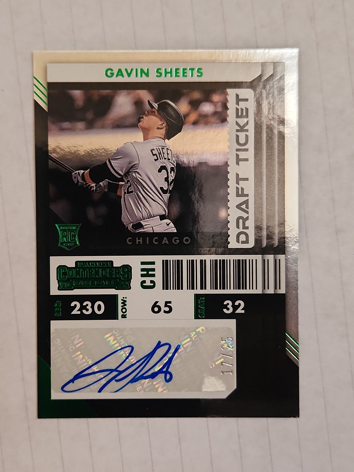 2022 Panini Rookie Ticket Prizm AUTO #5 Gavin Sheets RC Chicago White Sox Green 17/25