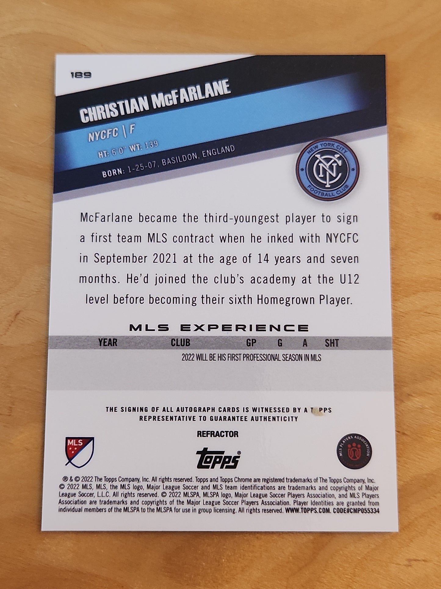 2022 Topps Chrome MLS #189 Christian McFarlane RC Auto Autograph NYCFC