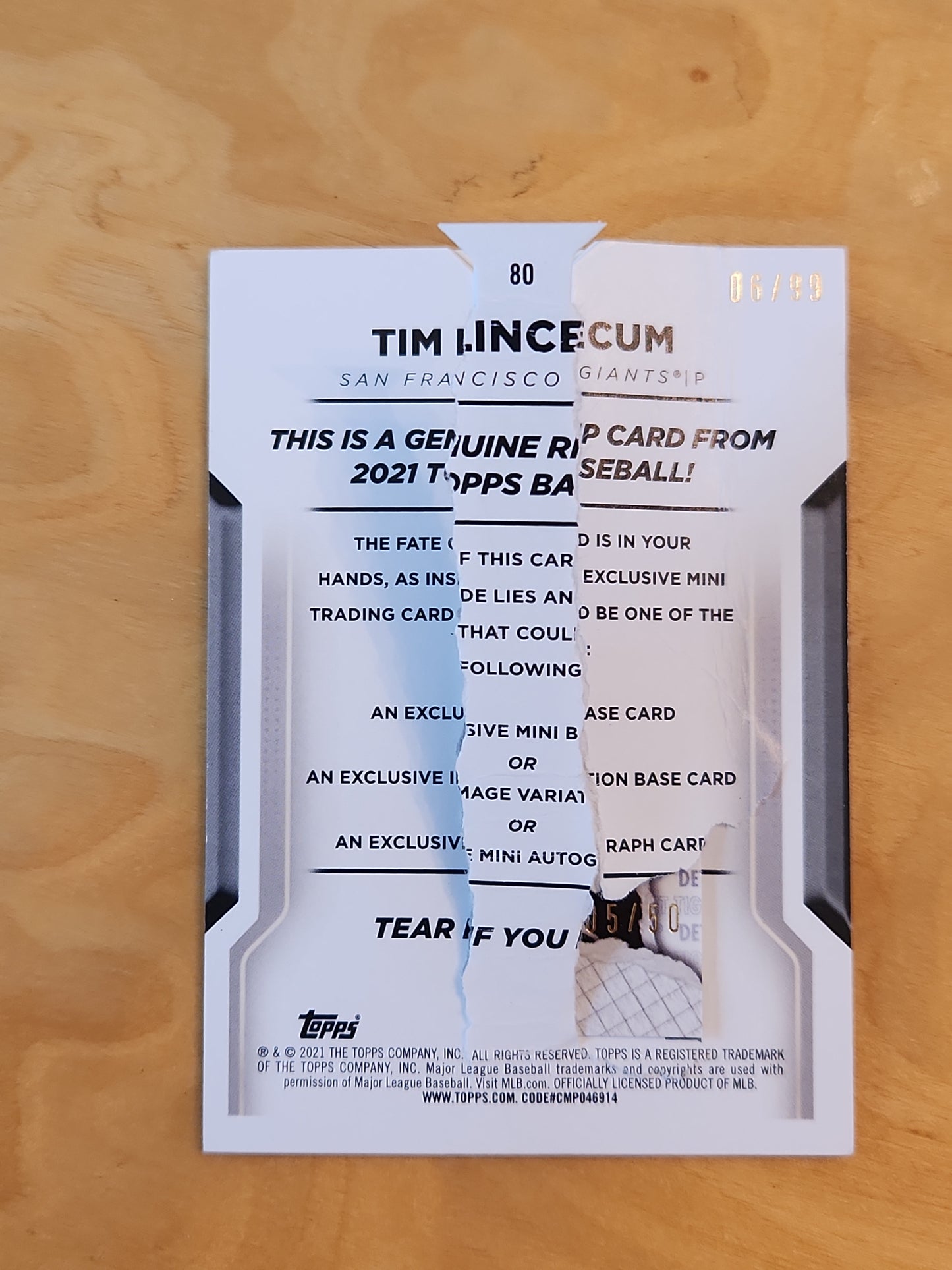 2021 Topps Tear Card Tim Lincecum #80 0/99 with Casey Mize RC 05/50