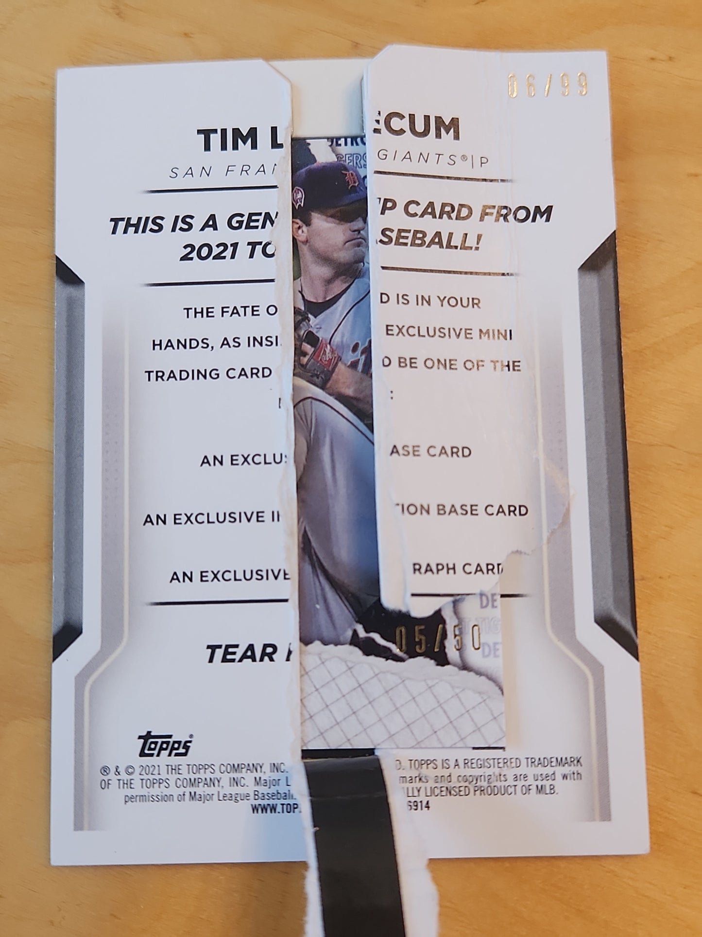 2021 Topps Tear Card Tim Lincecum #80 0/99 with Casey Mize RC 05/50