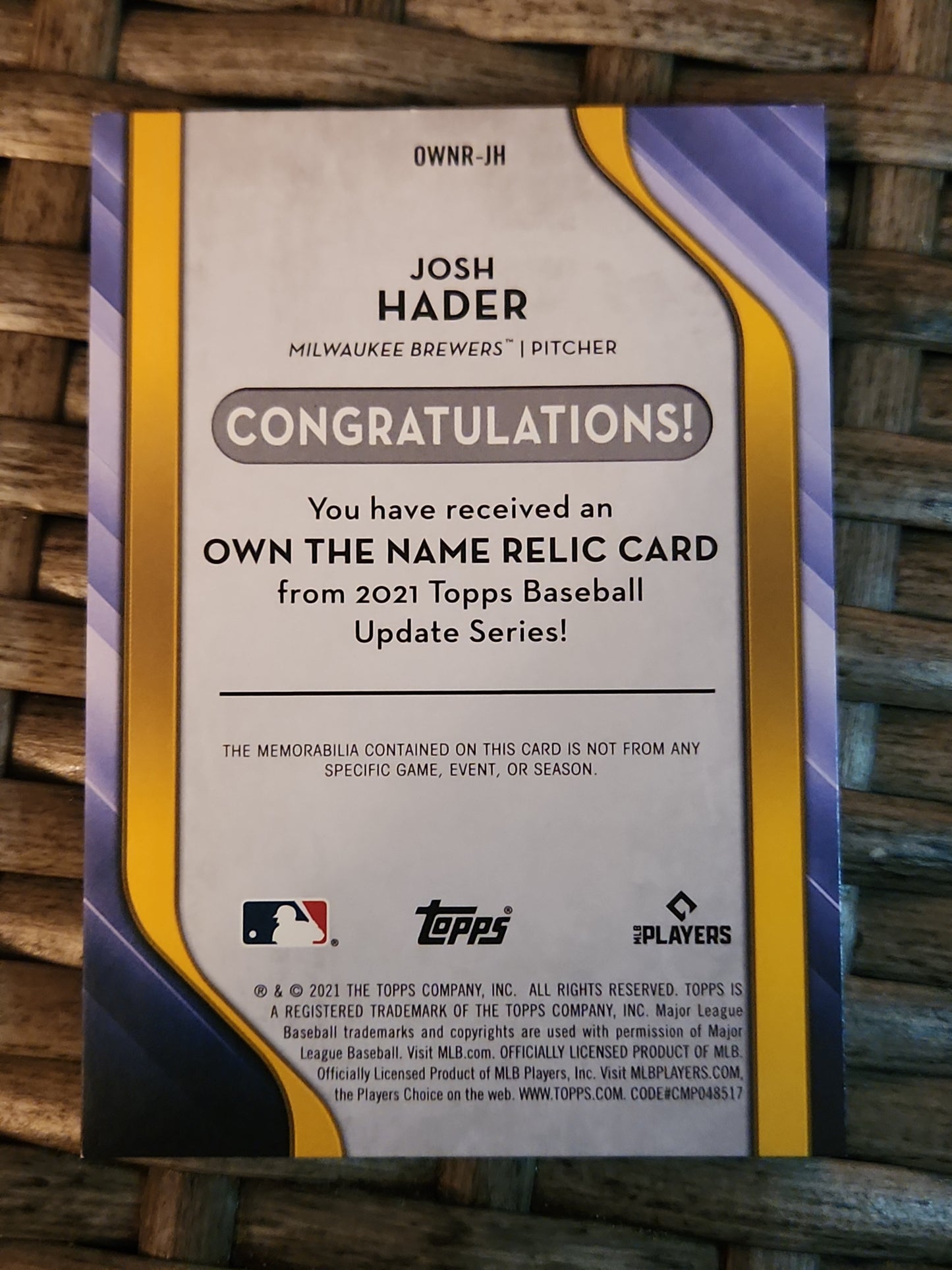 2021 Topps Update Own The Name Josh Hader relic D patch 1 of 1 #OWNR-JH