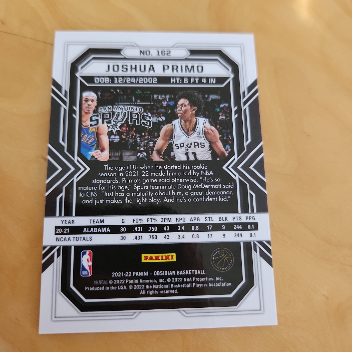 Panini Obsidian Joshua Primo RC #162