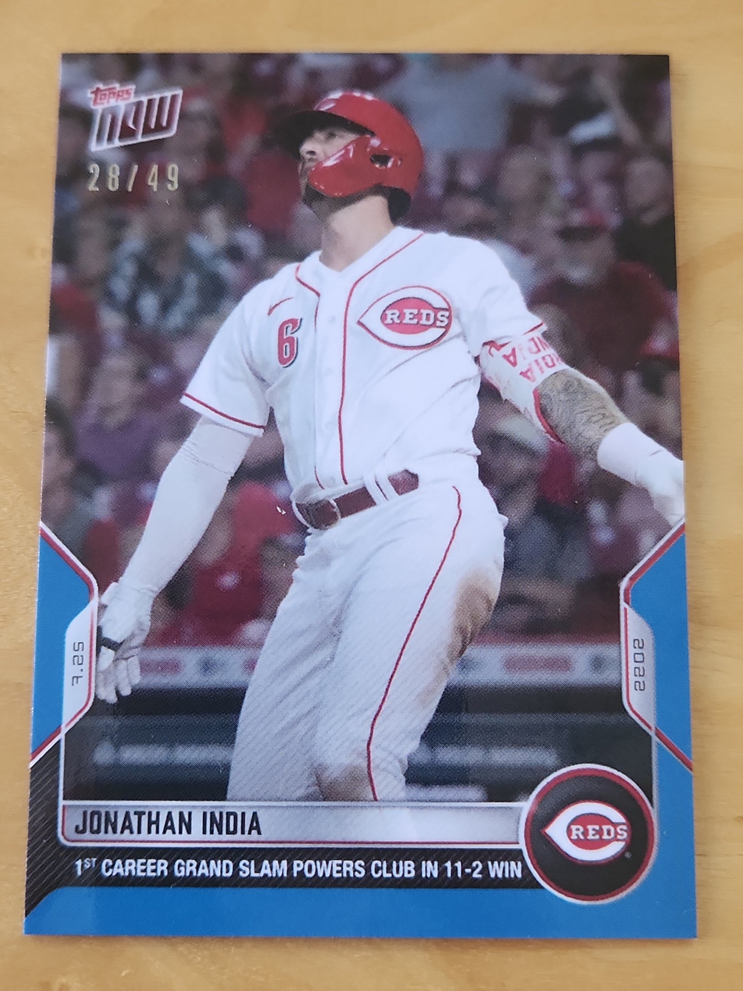 2022 TOPPS NOW REDS JONATHAN INDIA #594 BLUE PARALLEL 28/49 1st Grand Slam!