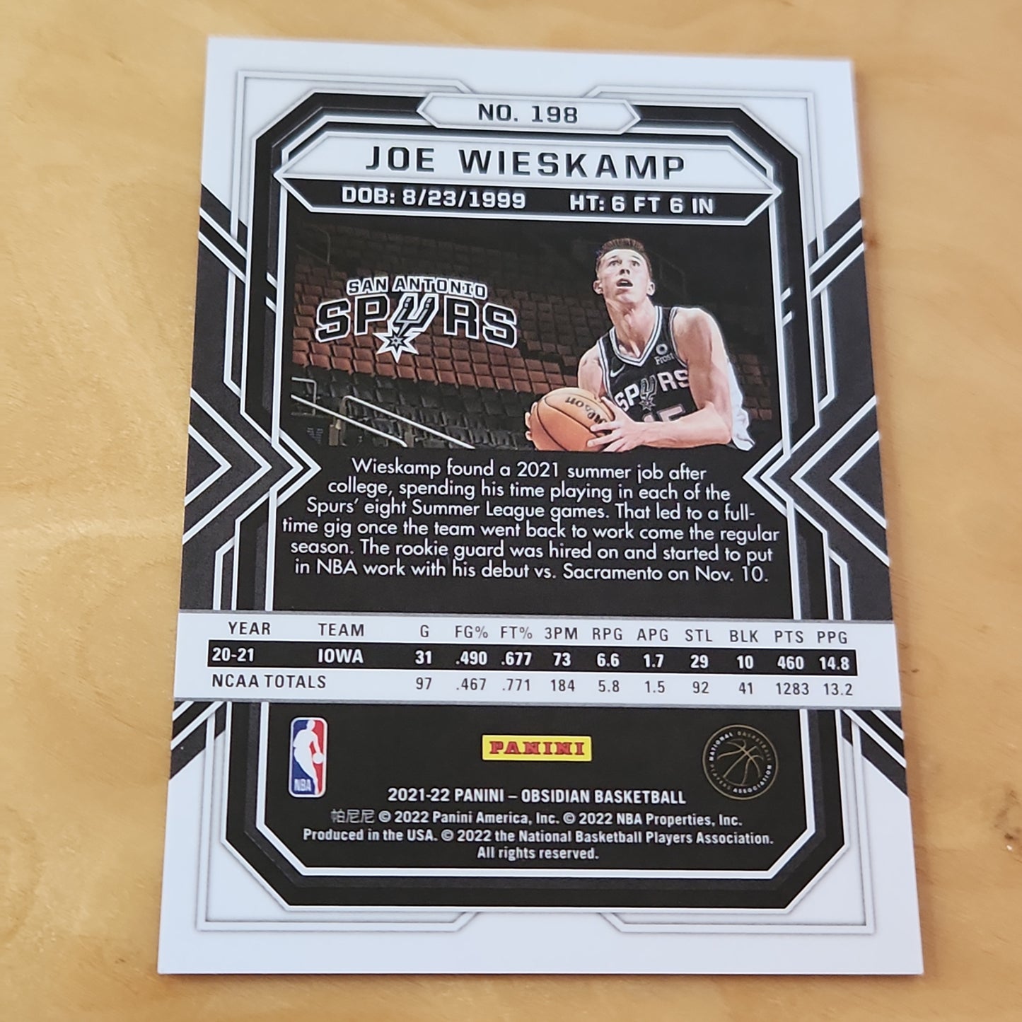 Panini Obsidian Red Joe Wieskamp RC #198