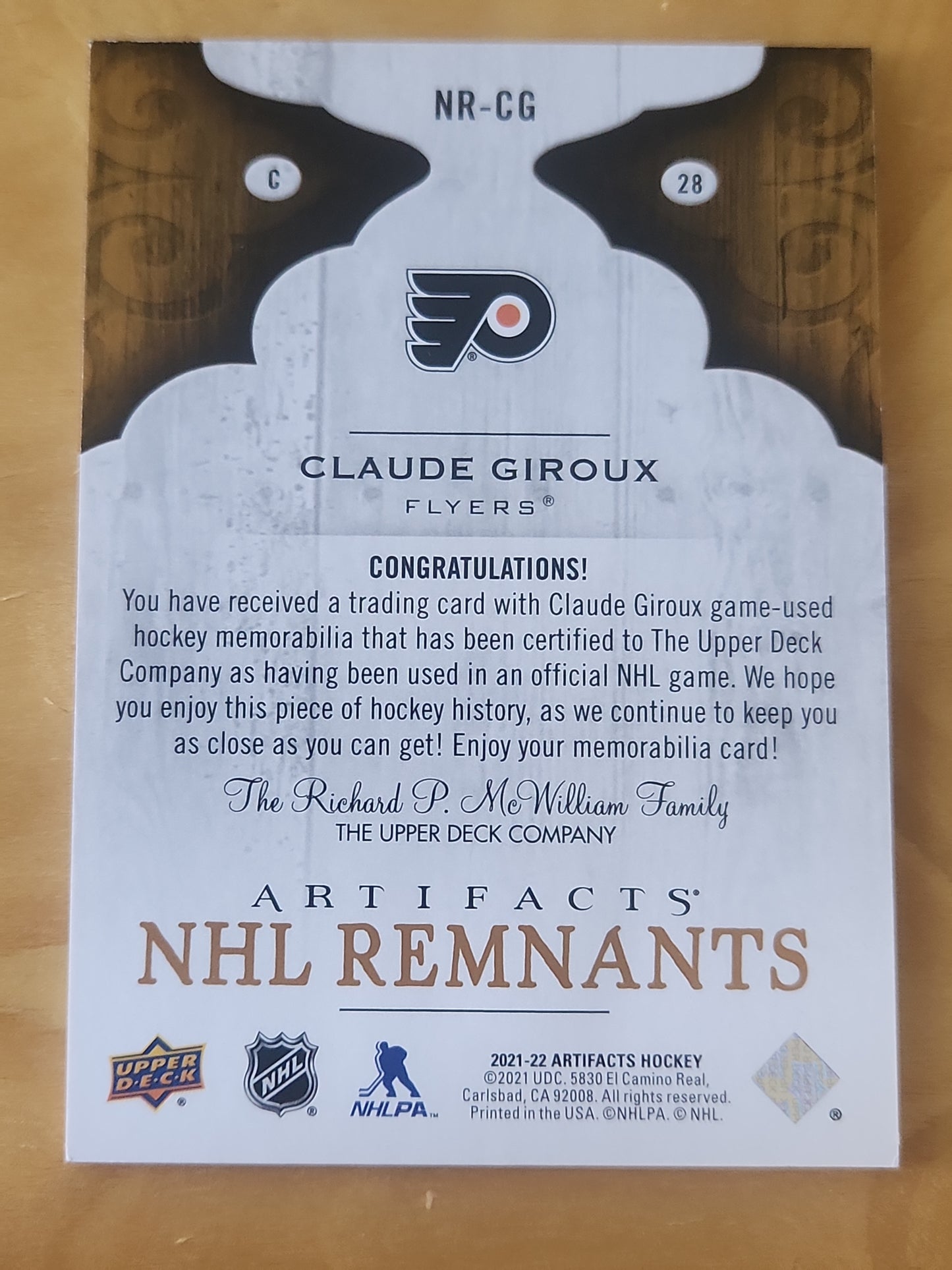 2021-22 Upper Deck Artifacts NHL Remnants Jersey # NR-CG Claude Giroux