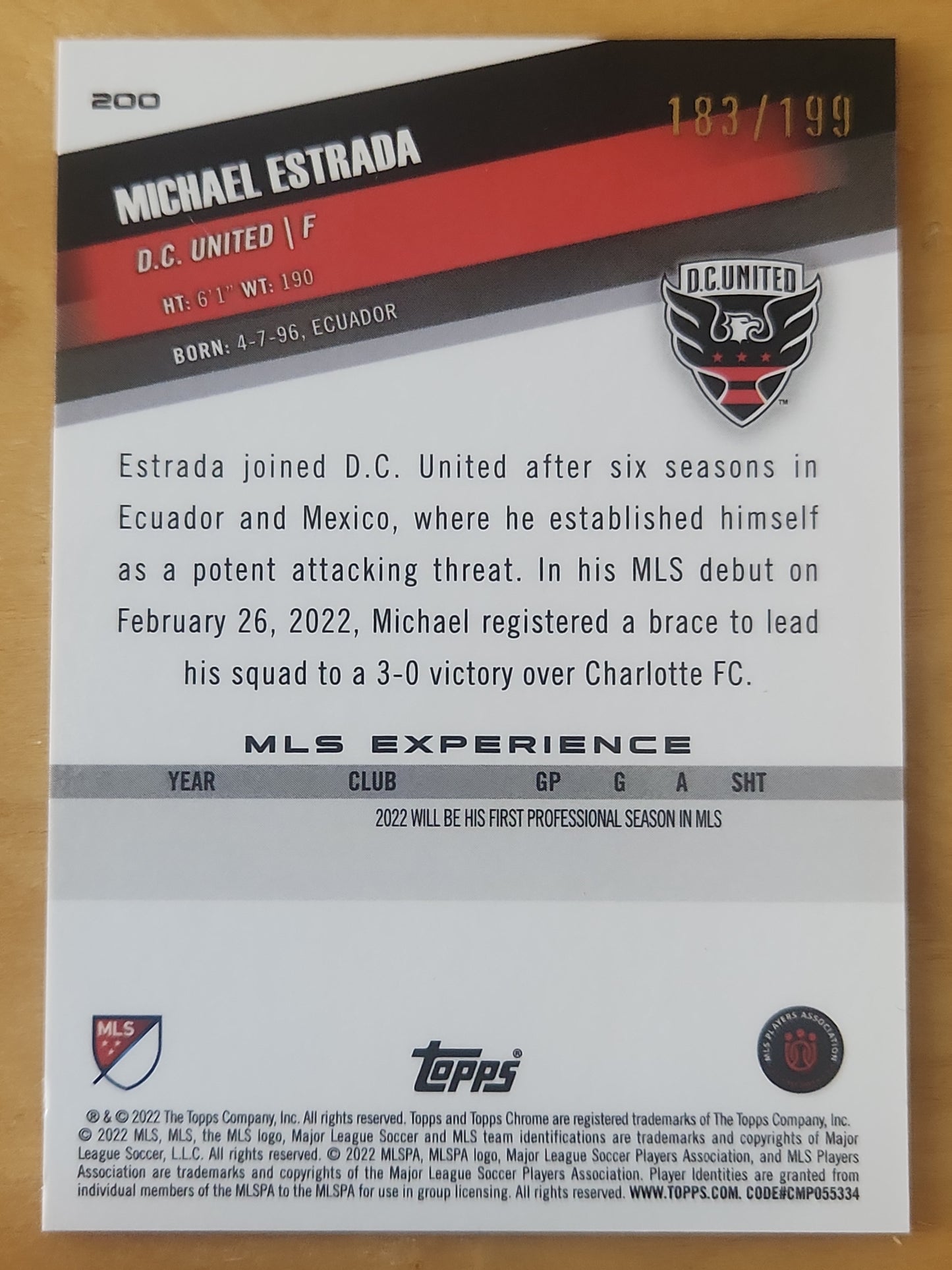 2022 Topps MLS #200 Michael Estrada Blue Prizm Parallel 183/199 DC United