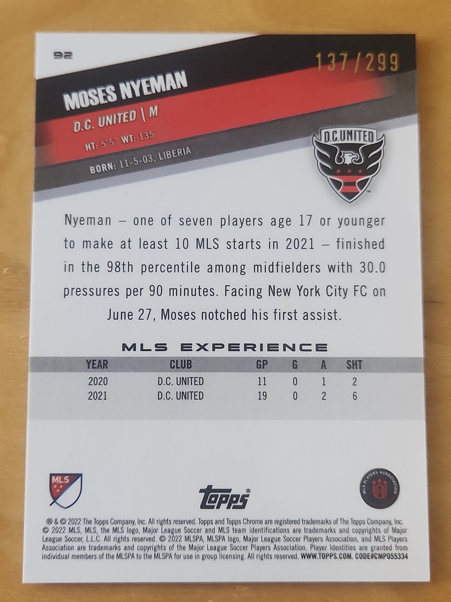 2022 Topps Chrome MLS Aqua Refractor Moses Nyeman 137/299 DC United #169