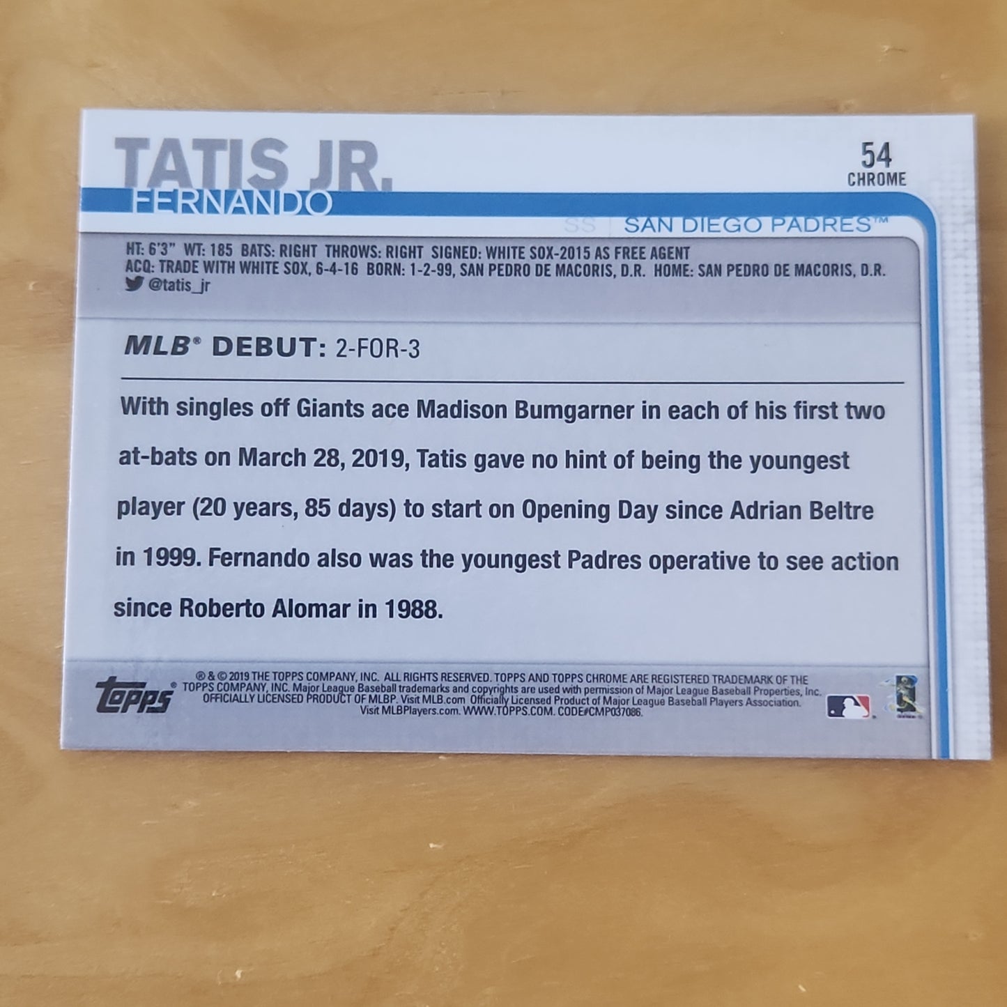 2019 Topps Chrome Update Fernando Tatis Jr. Rookie RC #54