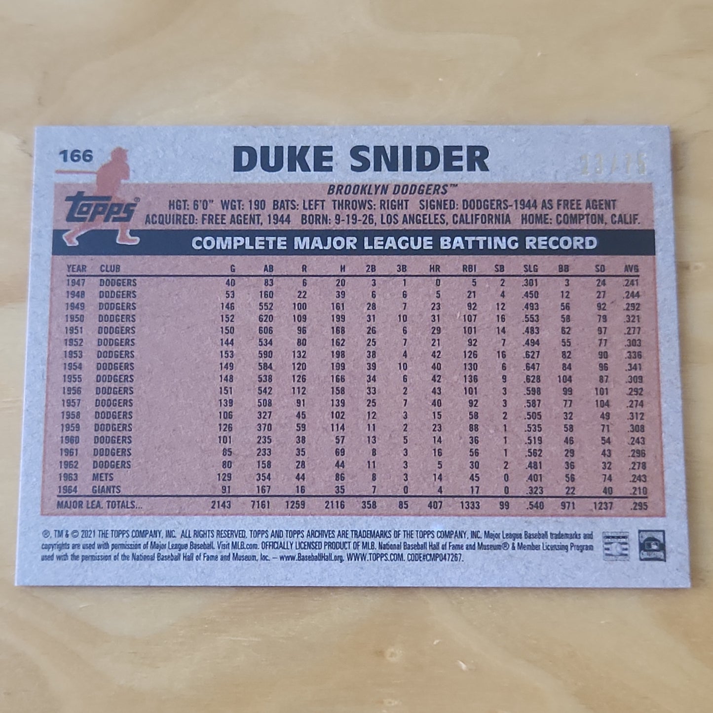 2021 Topps Duke Snider Dogers #166 Red Parellel 23/75