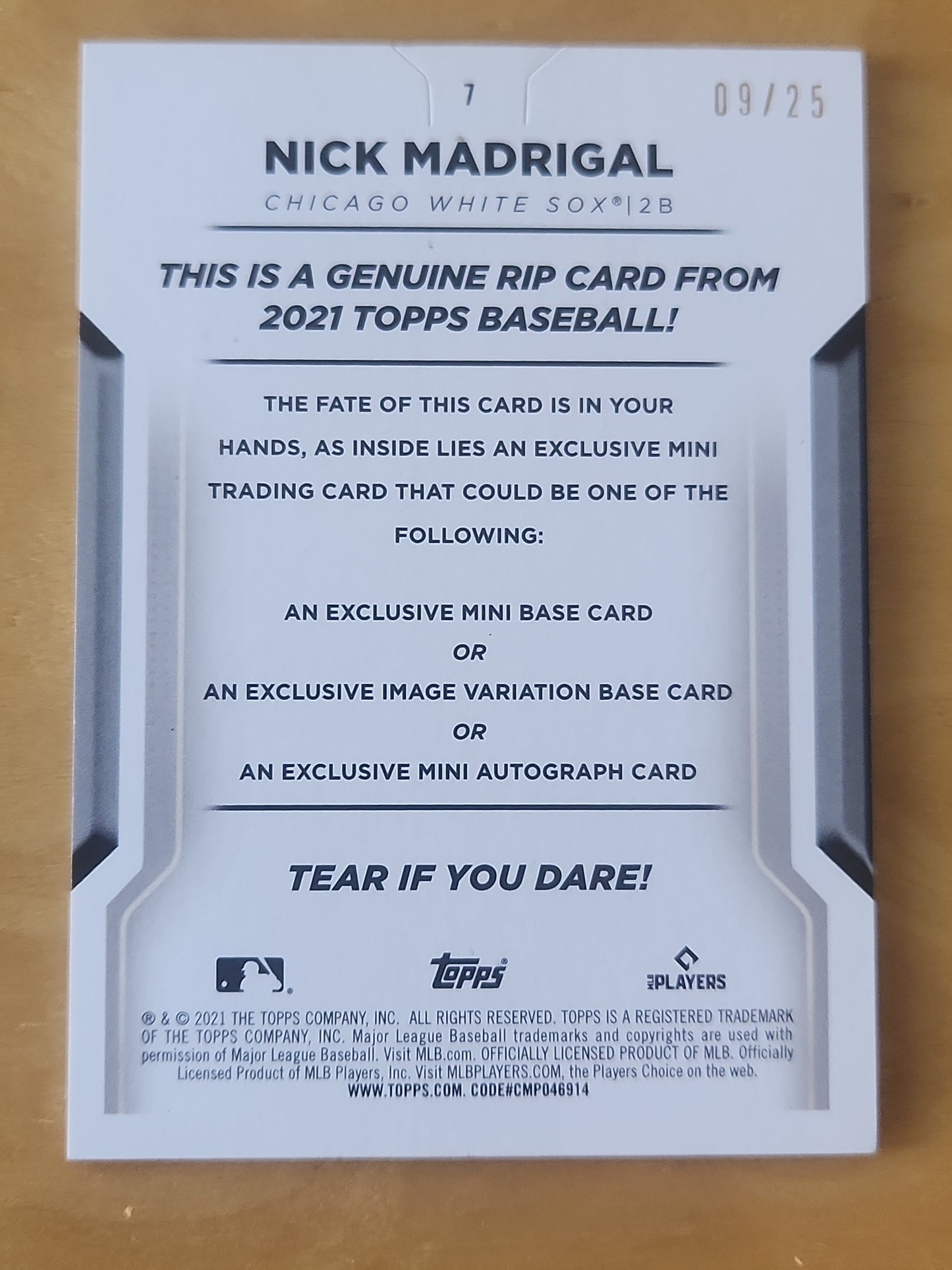 2021 Topps Nicl Madrigal Tear Card #7 Purple 09/25