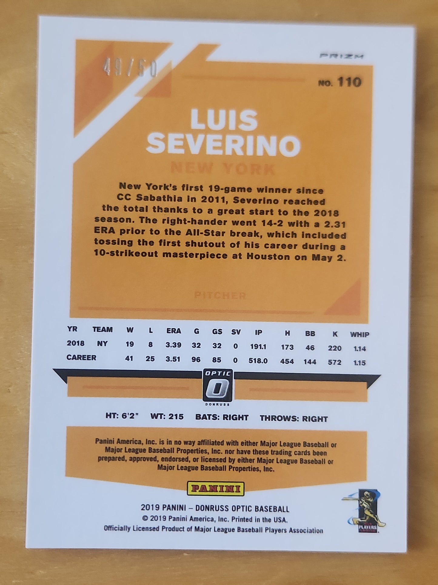 2019 Panini Donruss Optic Carolina Blue Prizm 49/50 Luis Severino #110