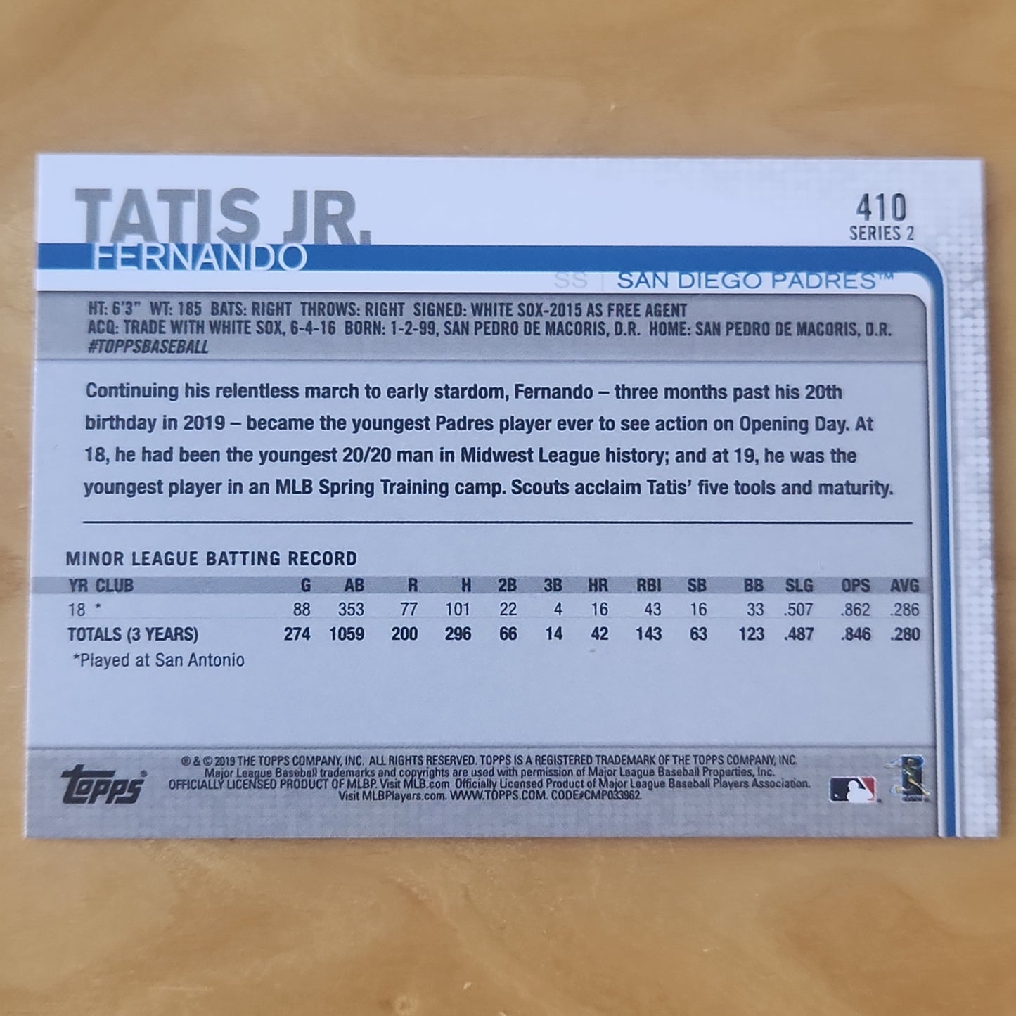 2019 TOPPS FERNADO TATIS JR. #410 PSA 10 GEM MINT SAN DIEGO PADRES