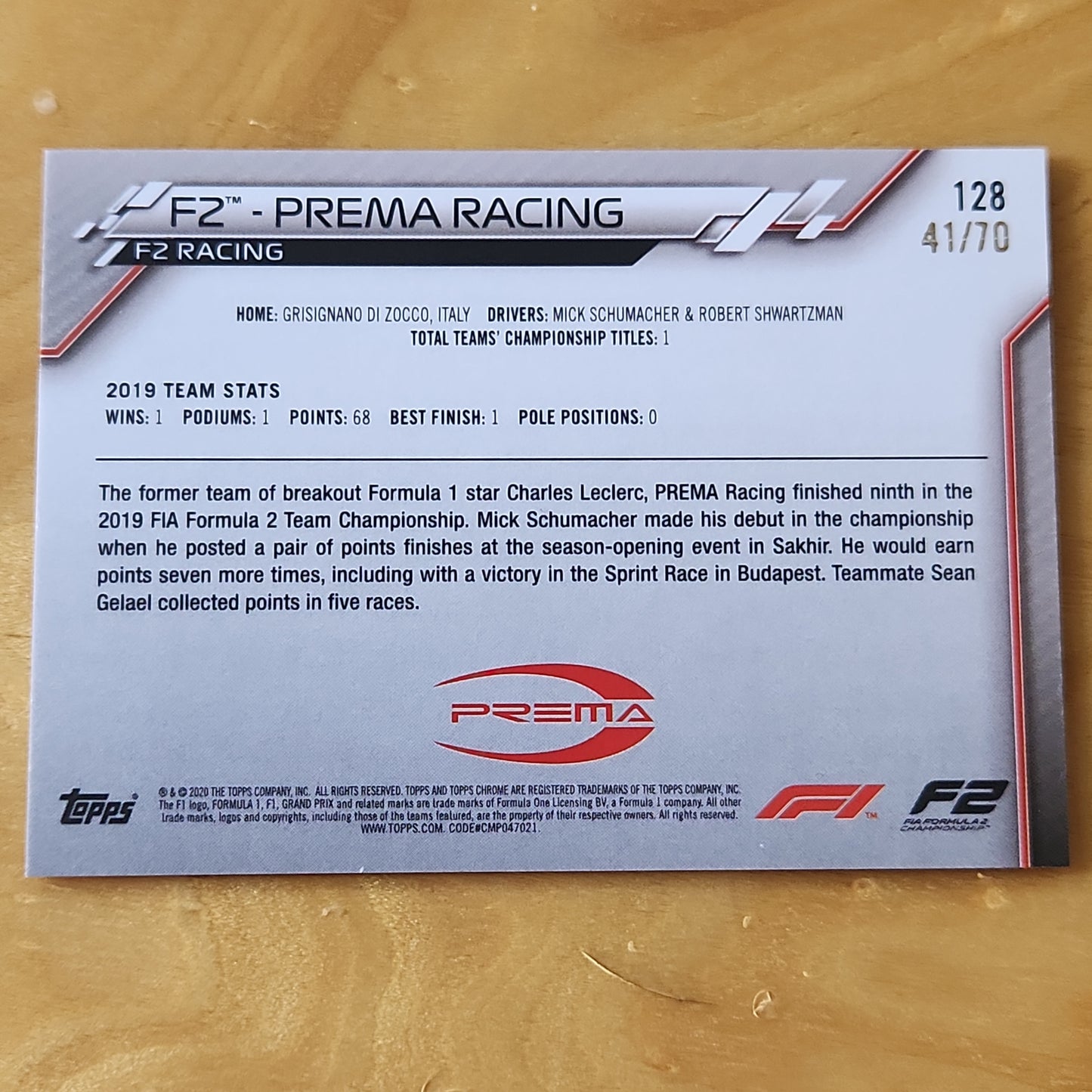 2020 TOPPS CHROME FORMULA 1 F1 Prema Racing TEAM LOGOS CARD SAPPHIRE Chrome Parallel 41/70