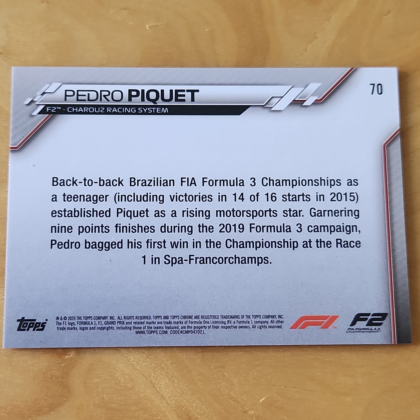 2020 TOPPS CHROME SAPPHIRE Pedro Piquet- Charouz Racing System F2