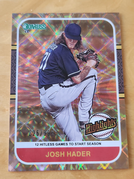 2021 Donruss Josh Hader Highlights Parallel HI10 #d 226/999 Milwaukee Brew