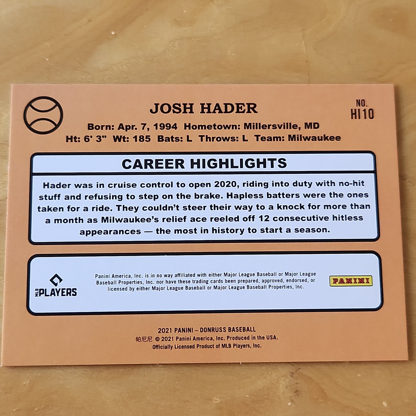 2021 Donruss Josh Hader Highlights Parallel HI10 #d 226/999 Milwaukee Brew