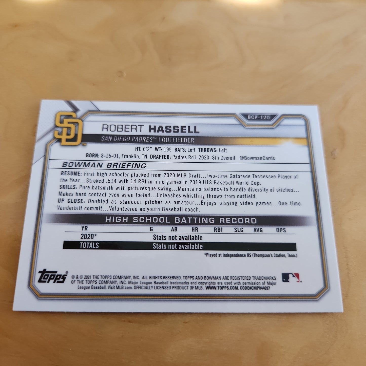 Topps B Chrome Refractor Robert Hassell #BCP-120