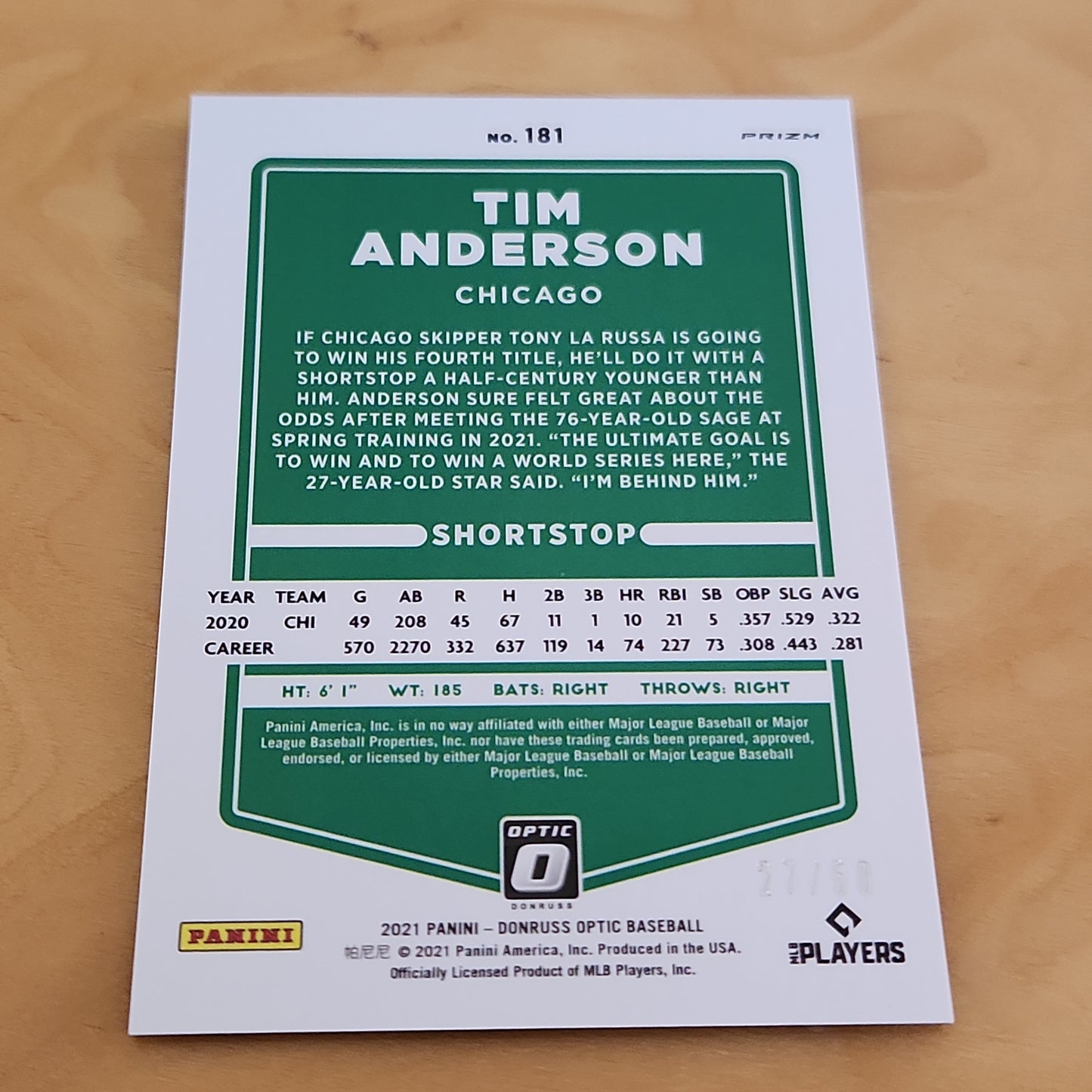 Panini Prizm Optic Holo Blue Tim Anderson 27/50 #181