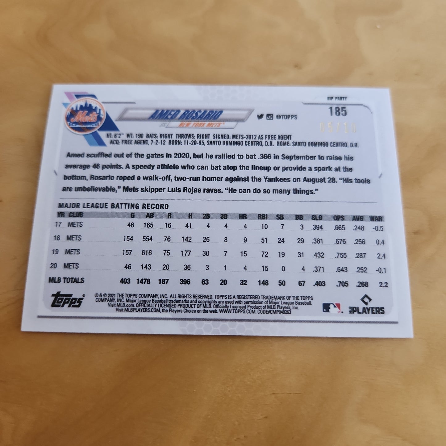 Topps 70th Anniversary 2021 Series 1 RIP Party Amed Rosario 05/10 #185