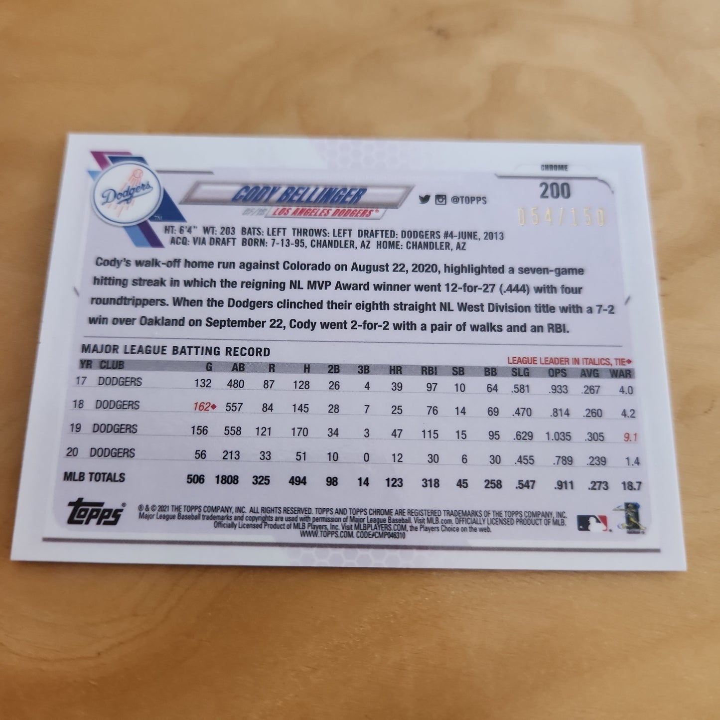Topps Chrome Blue Cody Bellinger 054/150 #200