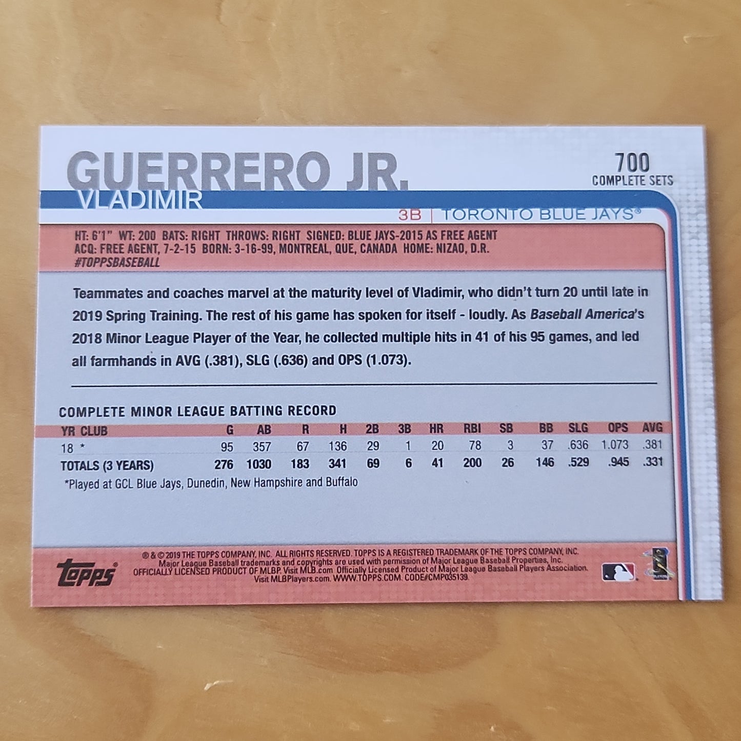 2019 Topps Factory Complete Photo Variation #700 Valdimir Guerrero Jr RC