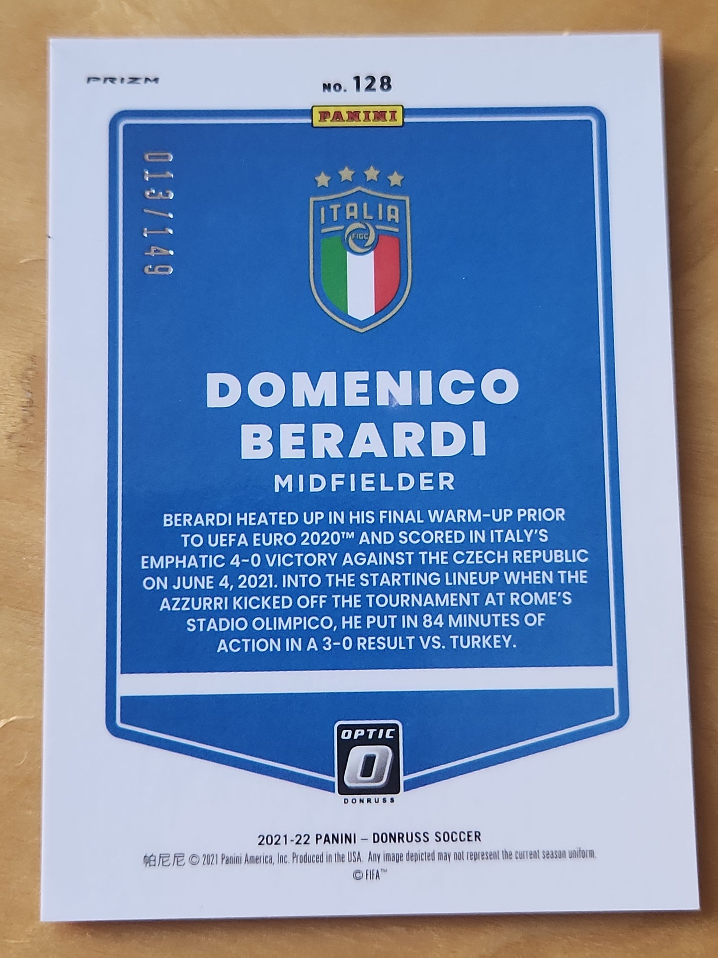 2021-22 Panini Donruss Soccer DOMENICO BERARDI Optic Red Prizm #013/149 Italy