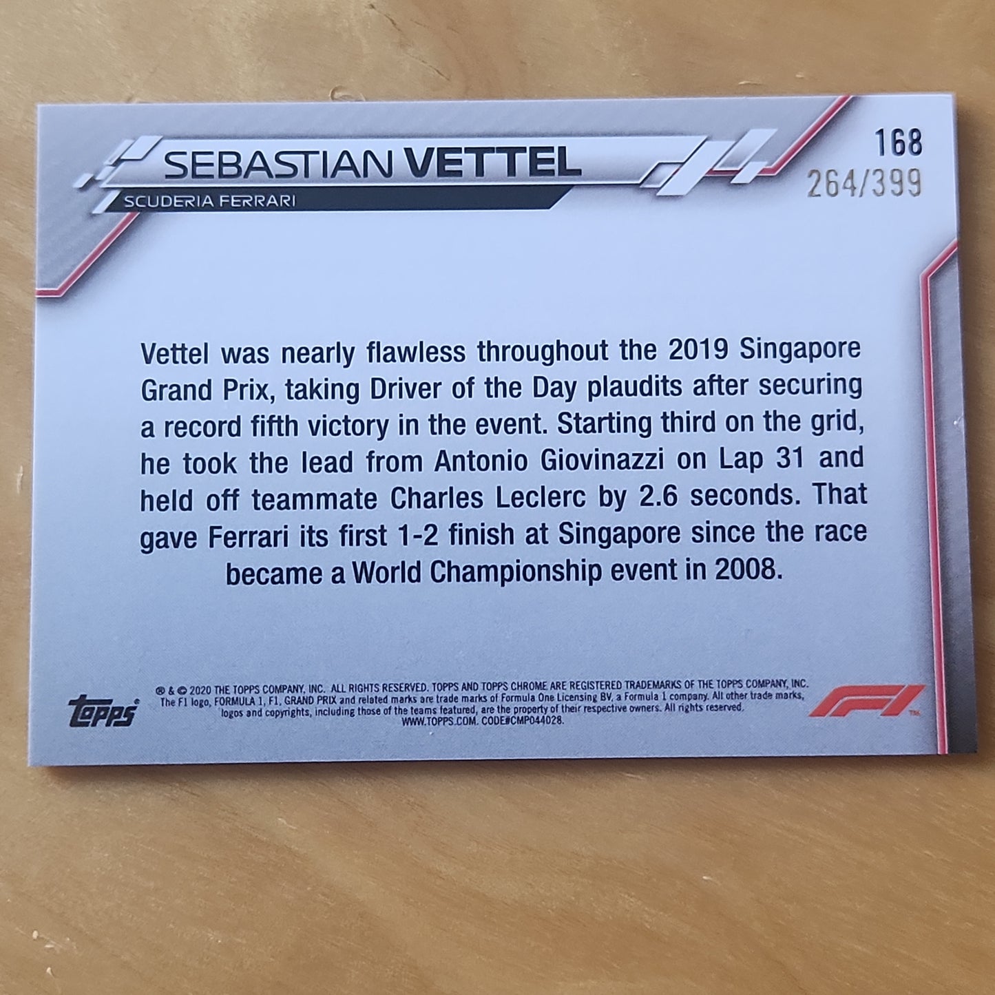 2020 Topps Chrome Sapphire Formula 1 #168 Sebastian Vettel Driver of the Day