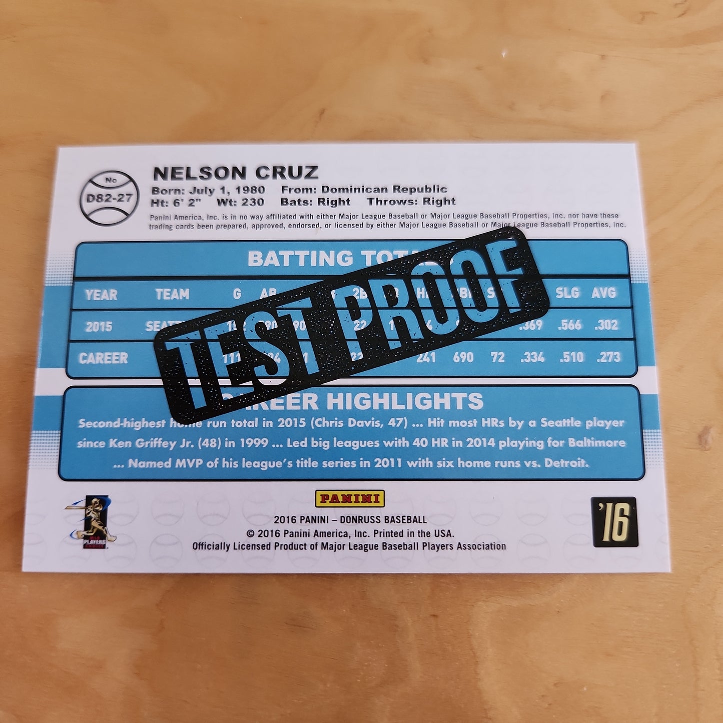Panini Test Proof Nelson Cruz 31/49 #D82-27