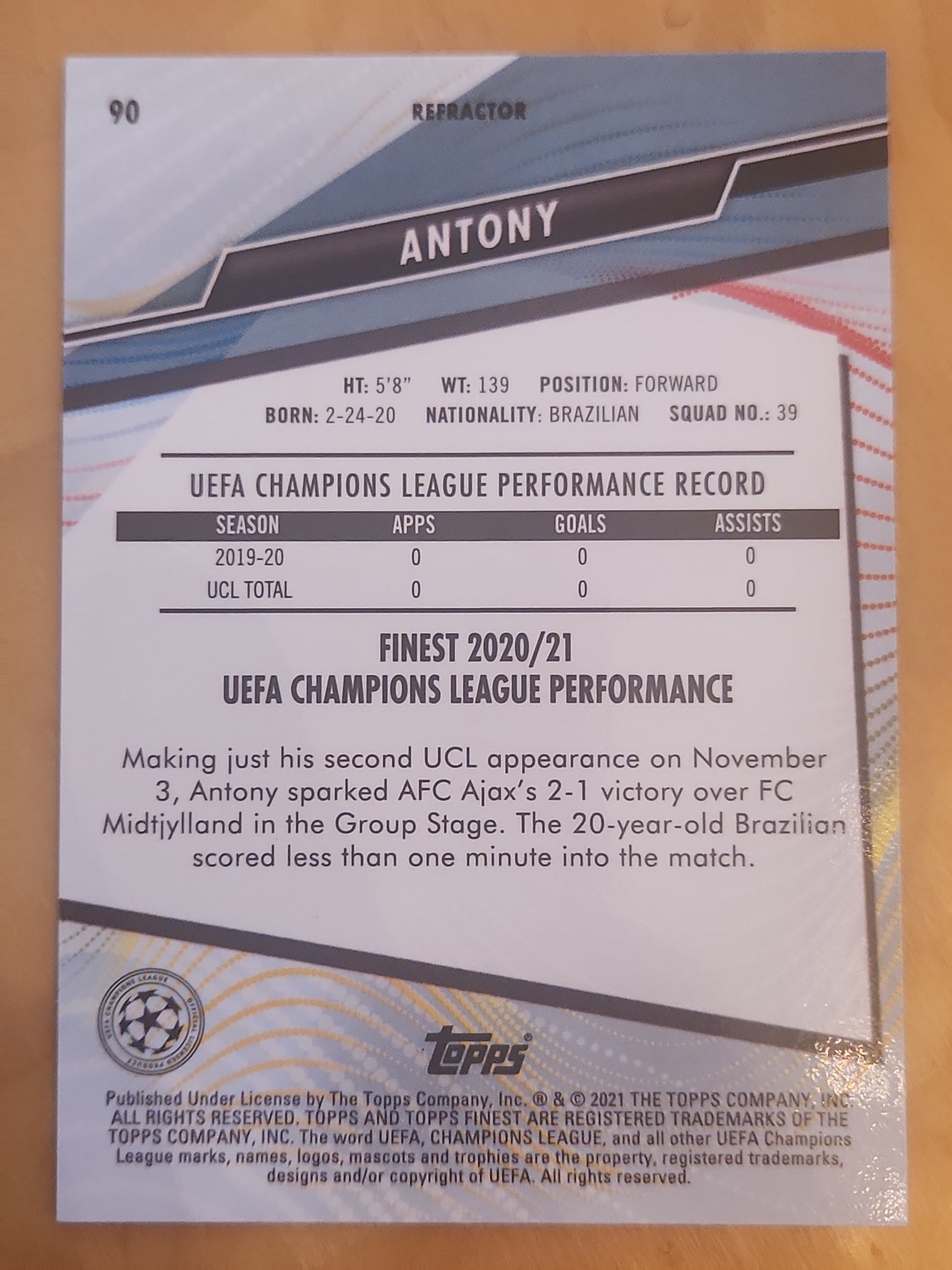 2020-21 Topps Finest UEFA Champions League Antony Rc Rookie #90 AFC Ajax - Man U