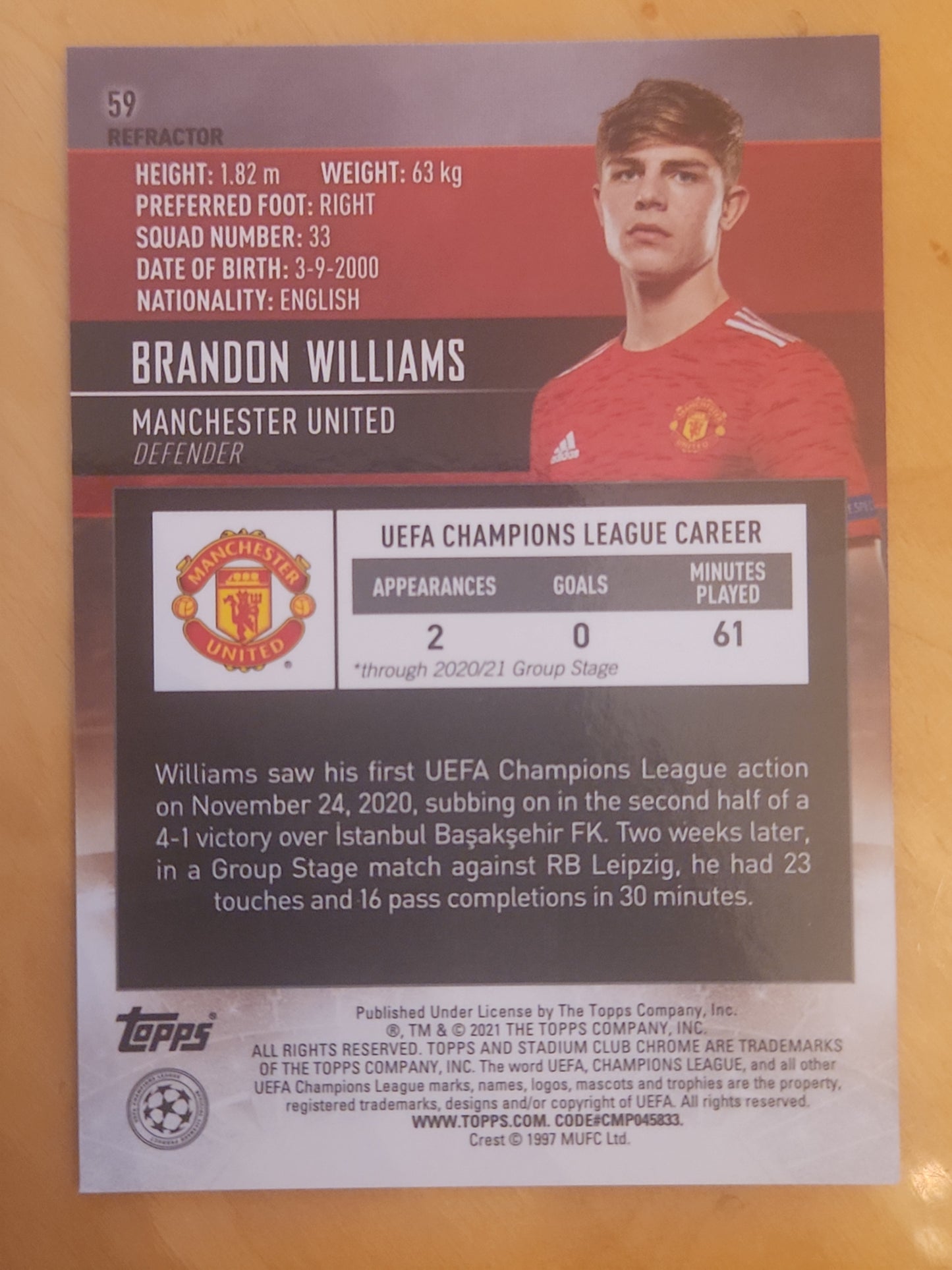 2020-21 Topps Stadium Club Chrome UEFA Champions League Brandon Williams RC #59