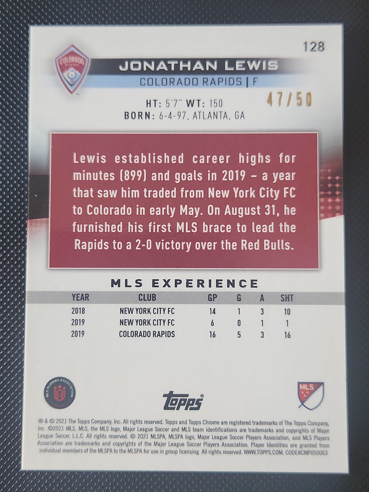 2021 Topps Chrome MLS Jonathan Lewis #128 Gold Cracked Ice 47/50 Colorado