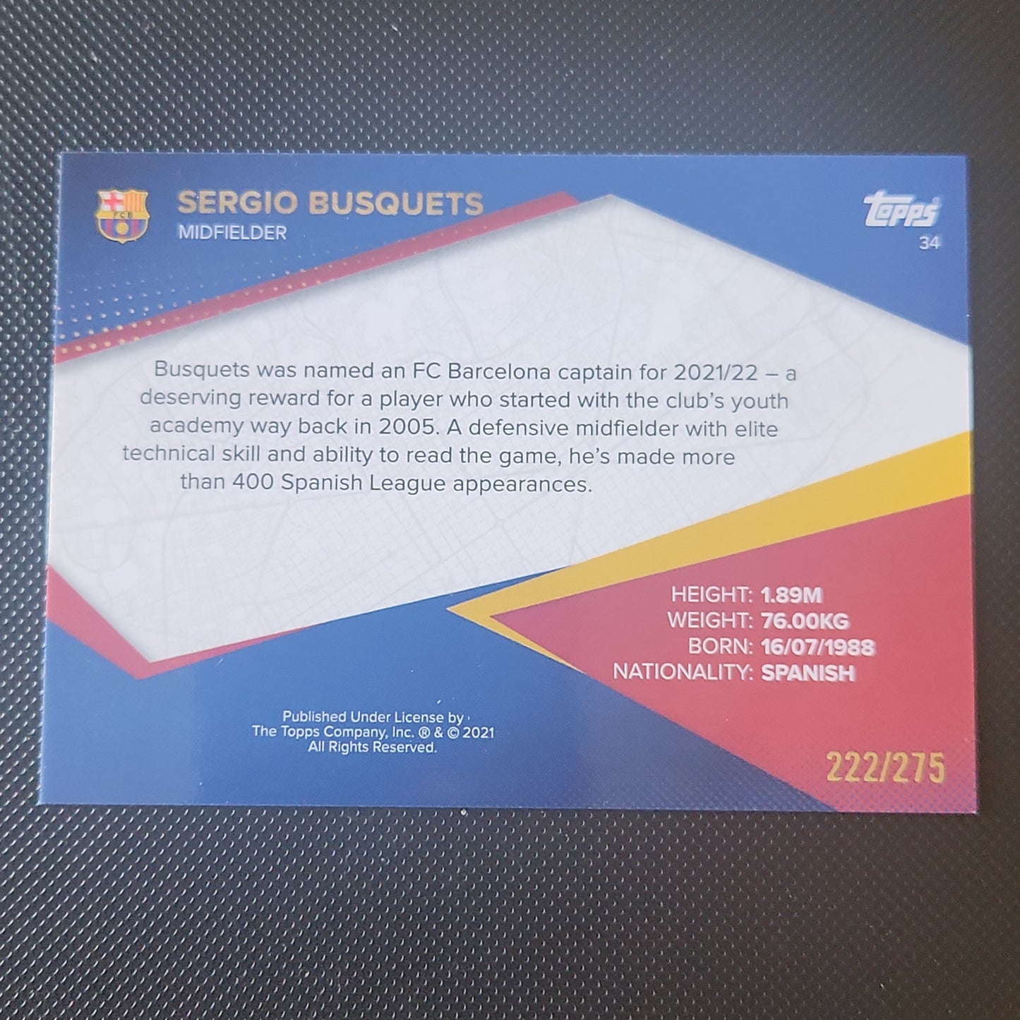 2021 Topps FC Barcelona (Foil) Our City Card of Sergio Busquets #34 222/275