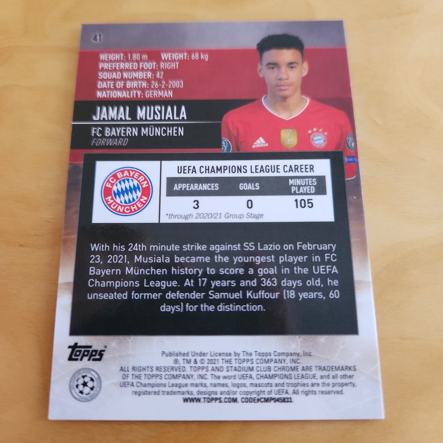 Topps Stadium Chrome Champions League Jamal Musiala RC #41