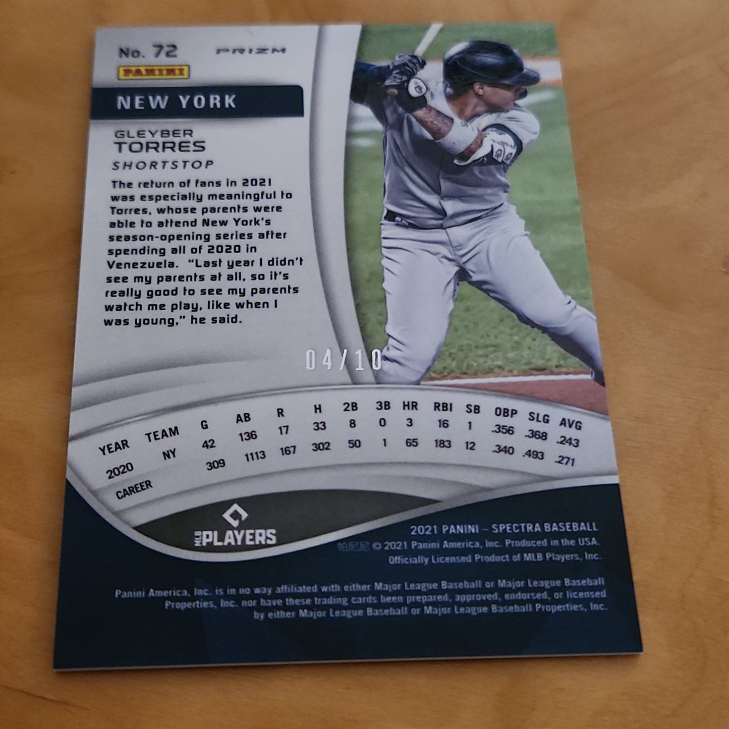 Panini Baseball Prizm Spectra Yellow Gleyber Torres 04/10 #72