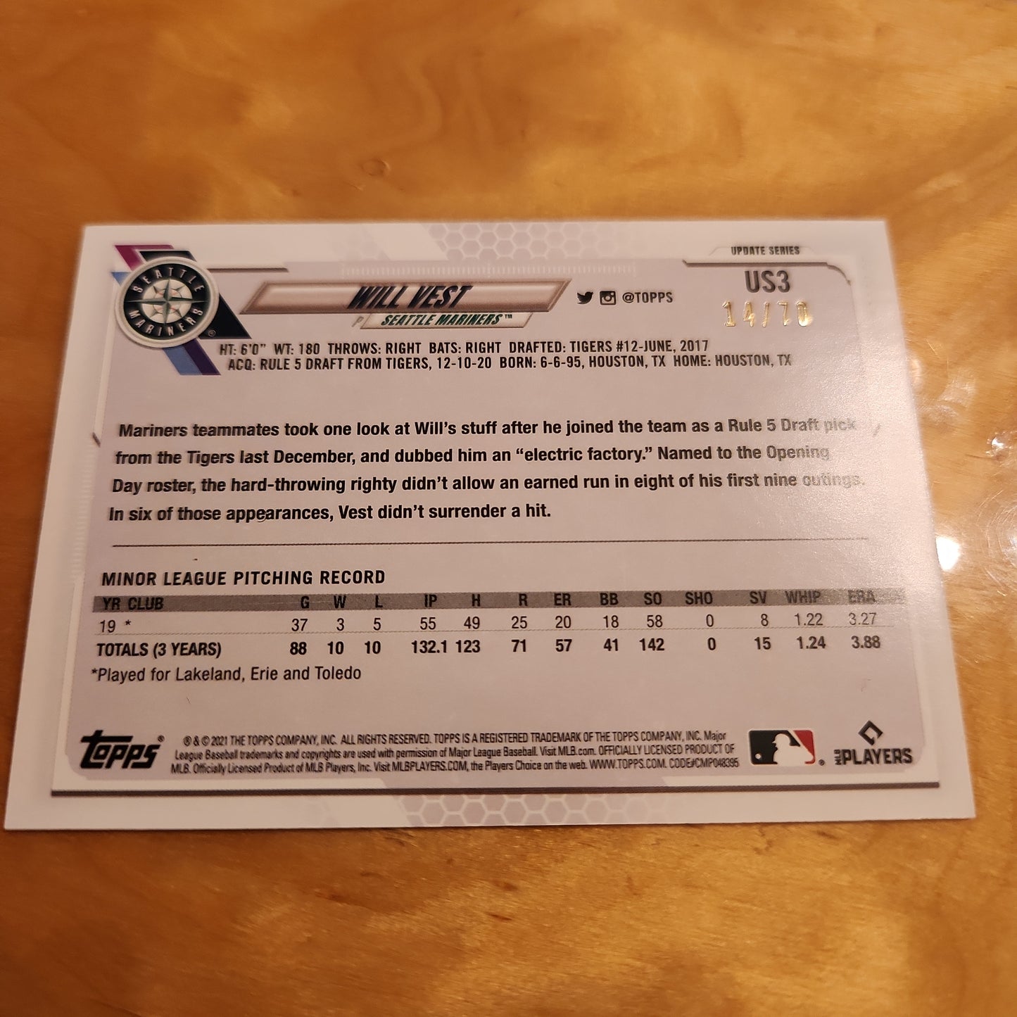 Topps Baseball 70th Anniversary Update Series Will Vest RC 14/70 #US3